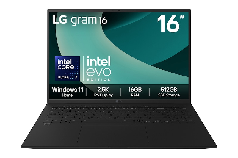 Front view of 16" LG gram Laptop, 16GB RAM, Intel® Core™ Ultra Processor, gram Hybrid AI, Obsidian Black with green swirl on screen