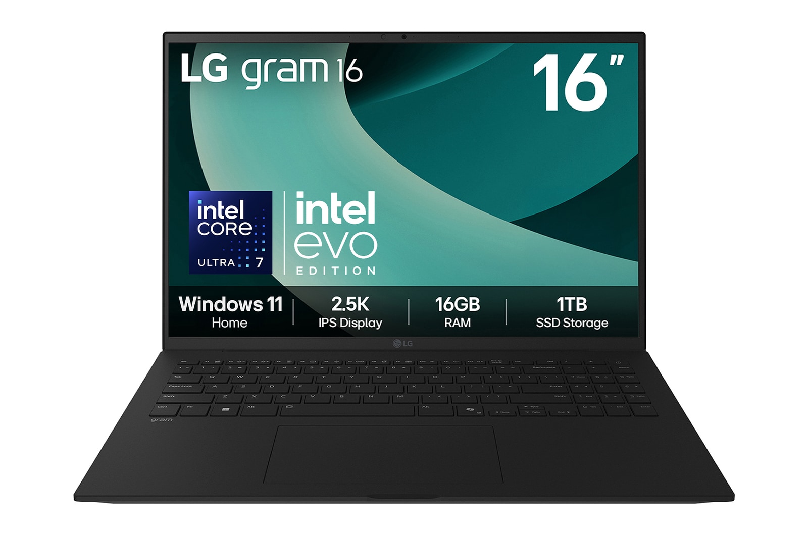 Front view of 16" LG gram Laptop, 16GB RAM, Intel® Core™ Ultra Processor, gram Hybrid AI, Obsidian Black with green swirl on screen
