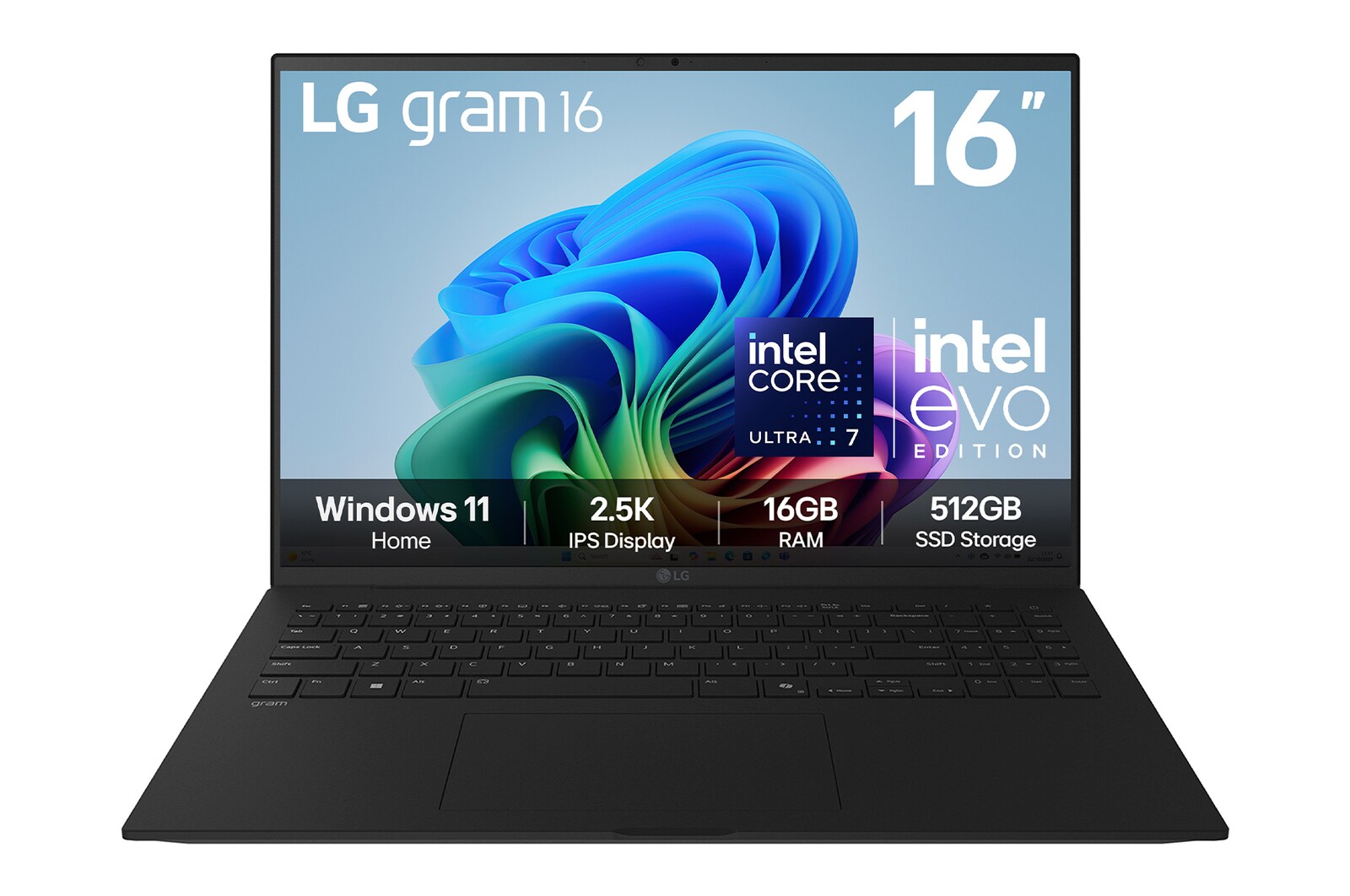 Front view of 16" LG gram AI, Copilot+ PC, 16GB RAM, Intel® Lunar Lake Processor, gram AI, Obsidian Black - 16Z90TL-G