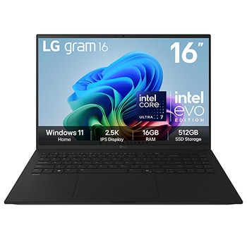 Front view of 16" LG gram AI, IPS WQXGA Display, Intel® Core™ Ultra Processor Lunar Lake, 16GB RAM, Obsidian Black - 16Z90TL