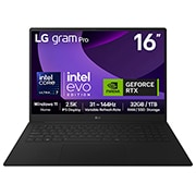 Front view of 16" LG gram Pro Laptop, Windows 11 Home, 32GB RAM, Ultra 7 Processor, 31~144Hz, RTX5050, Black 16Z90TR-E.AD88A1