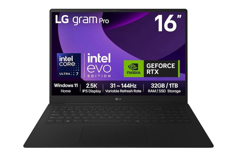 Front view of 16" LG gram Pro Laptop, Windows 11 Home, 32GB RAM, Ultra 7 Processor, 31~144Hz, RTX5050, Black 16Z90TR-E.AD88A1