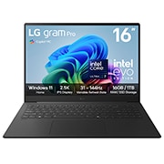 Front view of 16” LG gram Pro AI Laptop, 16GB RAM, Intel® Core™ Ultra Processor, gram Hybrid AI, Meta Gray with Copilot+ Bloom Wallpaper