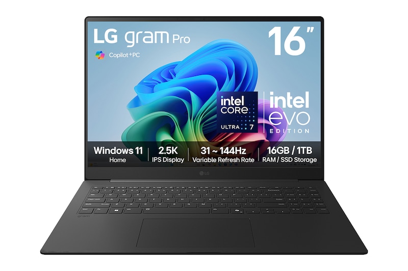 Front view of 16” LG gram Pro AI Laptop, 16GB RAM, Intel® Core™ Ultra Processor, gram Hybrid AI, Meta Gray with Copilot+ Bloom Wallpaper
