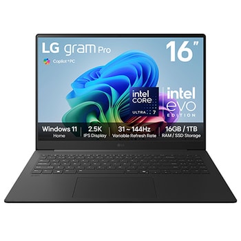 Front view of 16” LG gram Pro AI, Copilot+ PC, 16GB RAM, Intel® Core™ Ultra Processor, gram Hybrid AI, Meta Gray - 16Z90TS-G