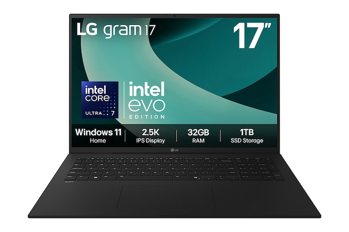 Front view of 17" LG gram Laptop, 32GB RAM, Intel® Arrow Lake Processor, gram AI, Copiliot, Obsidian Black with green swirl background on screen