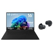 Front view of 16" LG gram AI Laptop, 16GB RAM, Intel® Lunar Lake Processor, gram Hybrid AI, Obsidian Black with Copilot+ with green and black swirl wallpaper - 16Z90TL