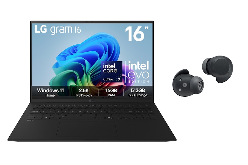 Front view of 16" LG gram AI Laptop, 16GB RAM, Intel® Lunar Lake Processor, gram Hybrid AI, Obsidian Black with Copilot+ with green and black swirl wallpaper - 16Z90TL