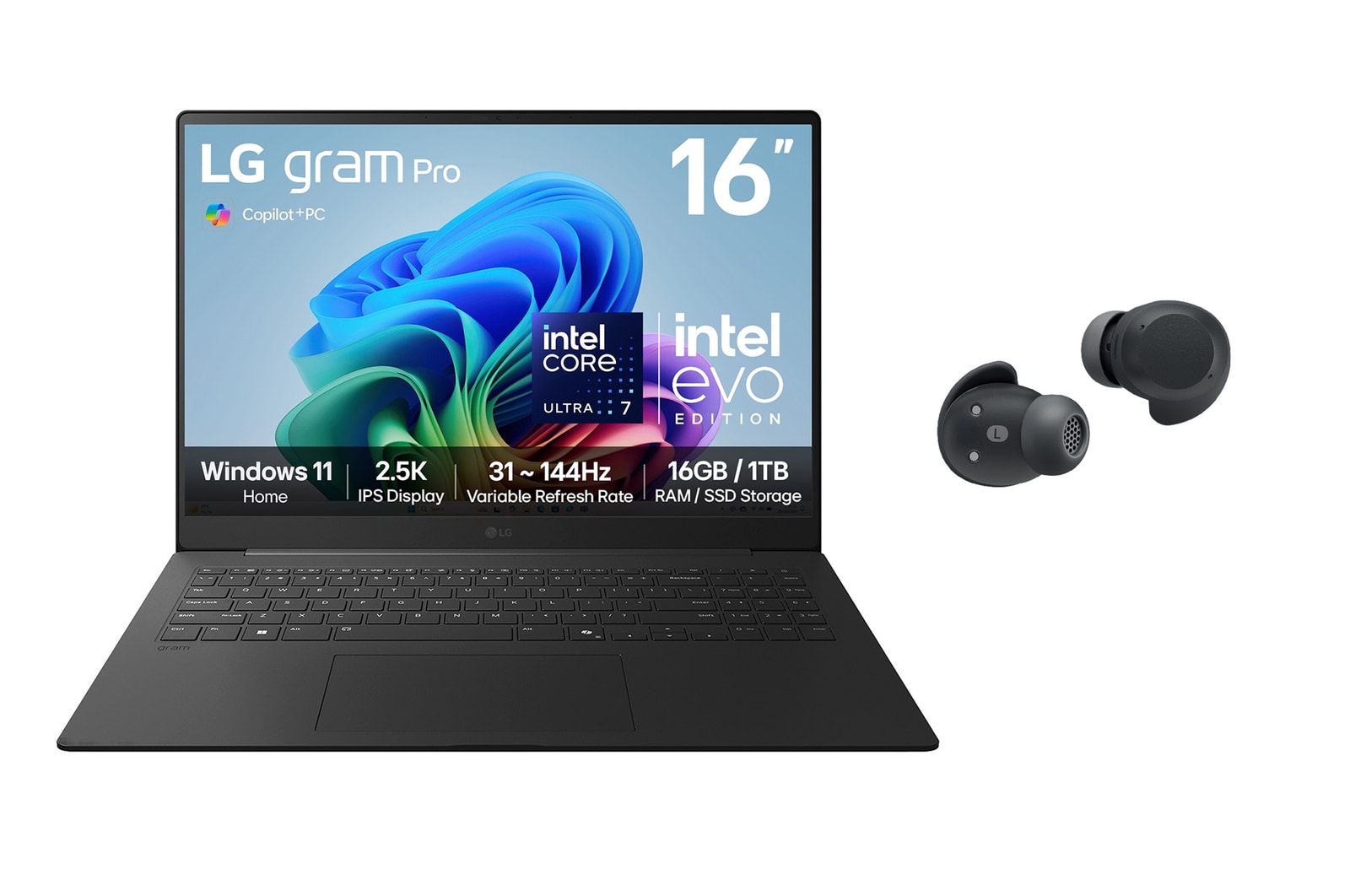 Front view of 16” LG gram Pro AI Laptop with Windows 11 Home & xboom Buds Plus Bundle 16Z90TS-G.BUDSP
