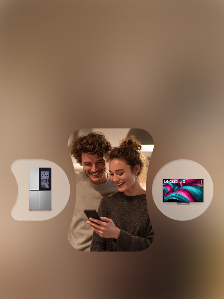 A man and woman look at a phone, with an LG fridge and TV in bubbles on either side