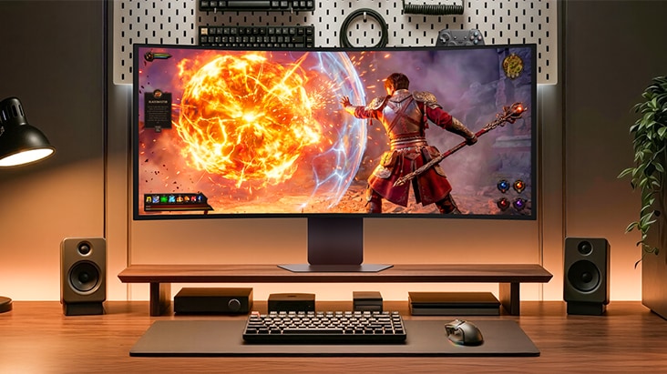 An LG UltraGear monitor on a wooden desk shelf displays a mage casting a fiery explosion spell in a fantasy RPG game, displaying bright visuals.
