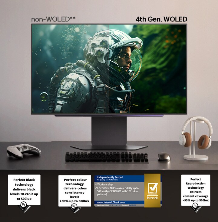 An LG UltraGear monitor on a desk compares non-WOLED with 4th Gen WOLED, showing a space explorer’s face with deeper blacks and richer colors on the WOLED side, alongside certification badges for Perfect Black, Perfect Color, and Perfect Reproduction technologies.