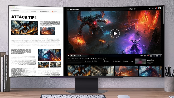 A curved LG UltraGear monitor shows split-screen multitasking, with a web page of attack tips on the left and a fantasy RPG gameplay video featuring a mage battling a giant demon on the right.
