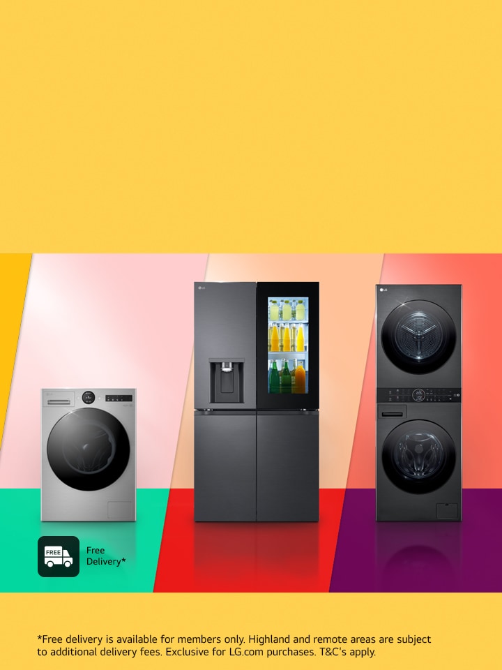 LG Washing Machine, Fridge Freezer and WashTower, with multi-coloured background