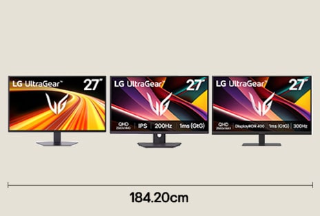 Triple gaming monitor setup with 27 inch 4K UHD, QHD, and FHD displays for immersive competitive gameplay with 184.20 cm desk width