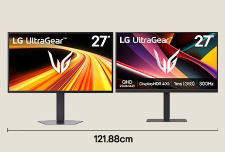 Dual gaming monitor setup with two 27 inch QHD displays for competitive gaming workflow with 121.88 cm desk width
