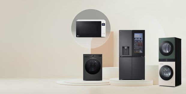 LG Home Appliances are placed in a light grey room, with an LG microwave in a bubble