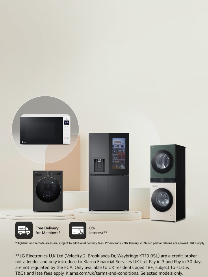 LG Home Appliances are placed in a light grey room, with an LG microwave in a bubble
