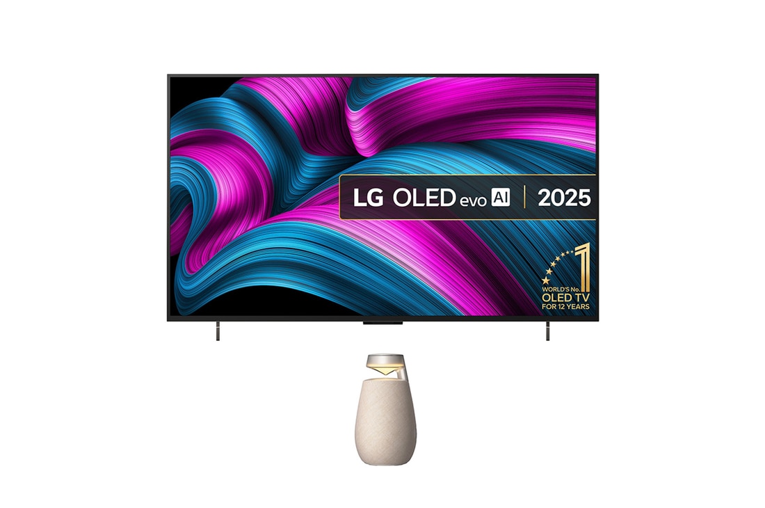 Front view of LG OLED evo AI C5 4K Smart TV. 12 Years of world number 1 OLED emblem and LG OLED evo AI 2025 logo are on the screen.