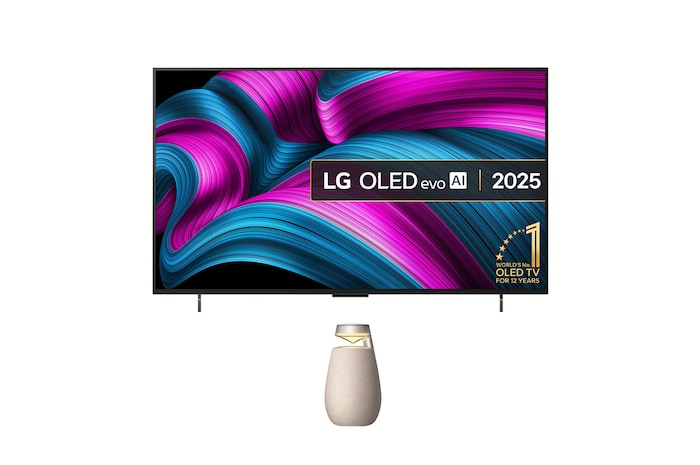 Front view of LG OLED evo AI C5 4K Smart TV. 12 Years of world number 1 OLED emblem and LG OLED evo AI 2025 logo are on the screen.