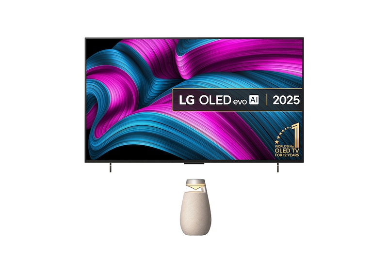 Front view of LG OLED evo AI C5 4K Smart TV. 12 Years of world number 1 OLED emblem and LG OLED evo AI 2025 logo are on the screen.