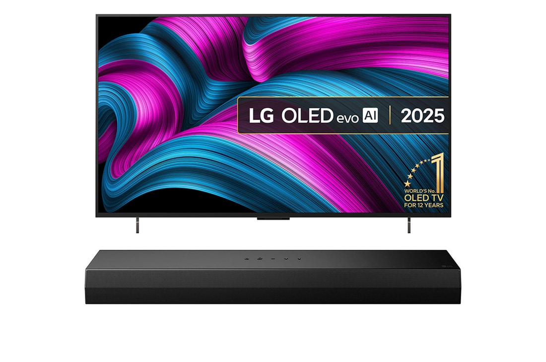 Front view of LG OLED evo AI C5 4K Smart TV. 12 Years of world number 1 OLED emblem and LG OLED evo AI 2025 logo are on the screen.