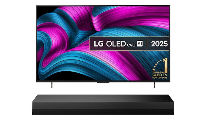 Front view of LG OLED evo AI C5 4K Smart TV. 12 Years of world number 1 OLED emblem and LG OLED evo AI 2025 logo are on the screen.
