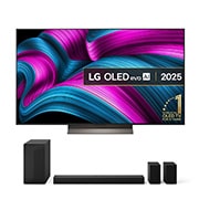 Front view of LG OLED evo AI C5 4K Smart TV. 12 Years of world number 1 OLED emblem and LG OLED evo AI 2025 logo are on the screen.