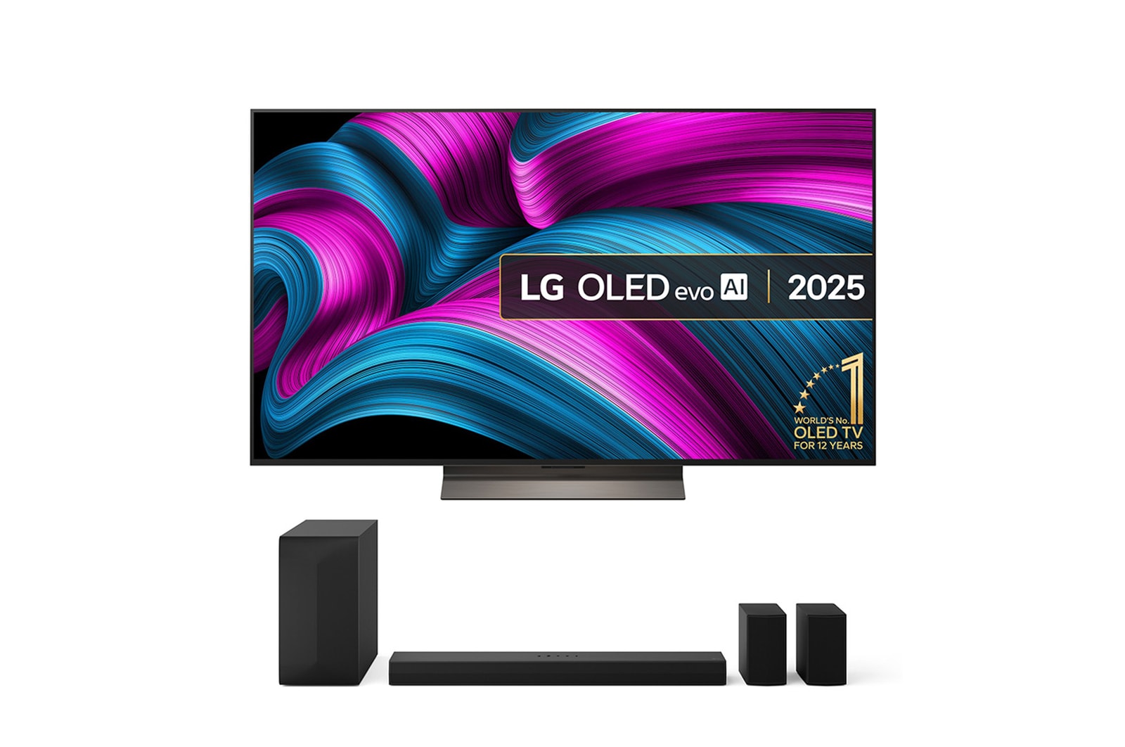 Front view of LG OLED evo AI C5 4K Smart TV. 12 Years of world number 1 OLED emblem and LG OLED evo AI 2025 logo are on the screen.