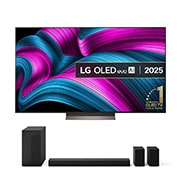 Front view of LG OLED evo AI C5E 4K Smart TV. 12 Years of world number 1 OLED emblem and LG OLED evo AI 2025 logo are on the screen.