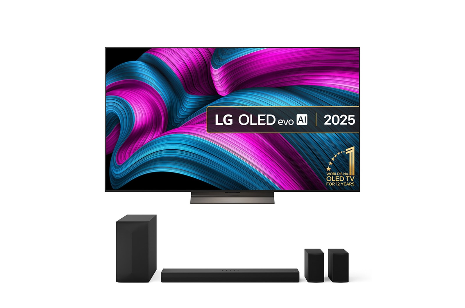 Front view of LG OLED evo AI C5E 4K Smart TV. 12 Years of world number 1 OLED emblem and LG OLED evo AI 2025 logo are on the screen.
