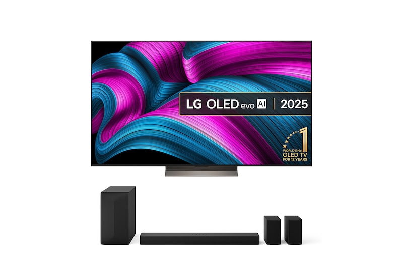 Front view of LG OLED evo AI C5E 4K Smart TV. 12 Years of world number 1 OLED emblem and LG OLED evo AI 2025 logo are on the screen.