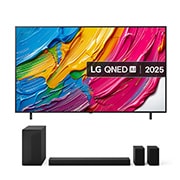 Front view of LG QNED80 TV, LG QNED Al Logo on the top corner. LG QNED TV depicts colorful paintike textures coming together.