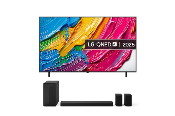 Front view of LG QNED80 TV, LG QNED Al Logo on the top corner. LG QNED TV depicts colorful paintike textures coming together.