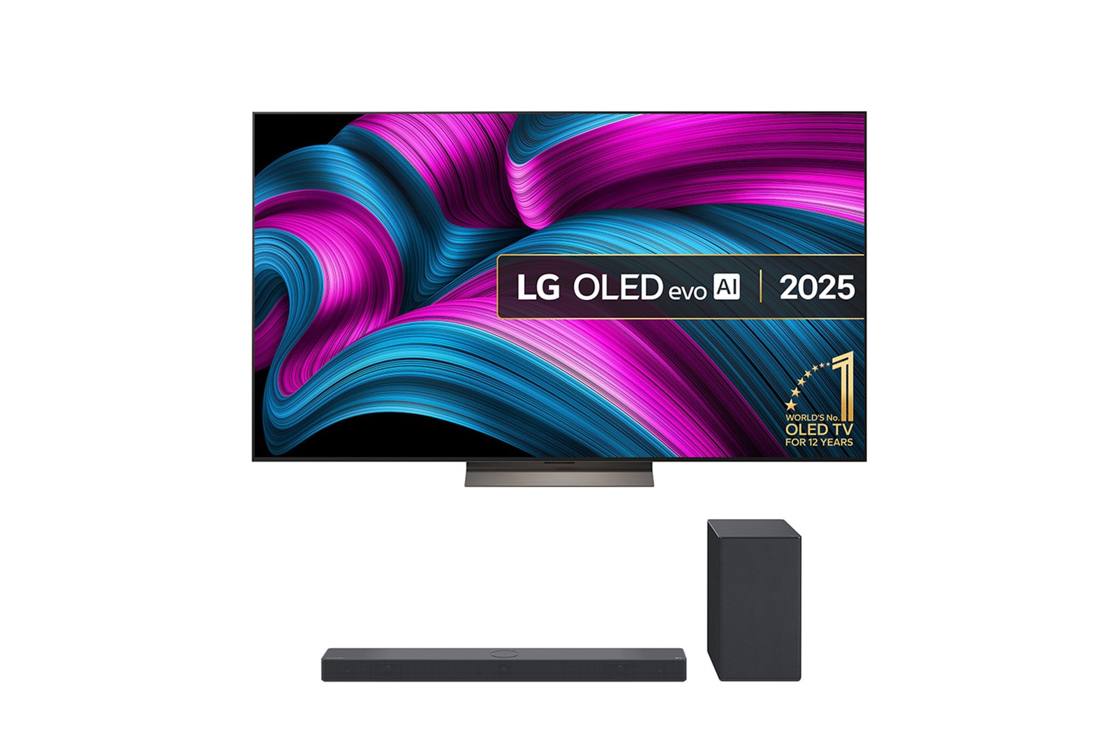 Front view of LG OLED evo AI C5 4K Smart TV. 12 Years of world number 1 OLED emblem and LG OLED evo AI 2025 logo are on the screen.
