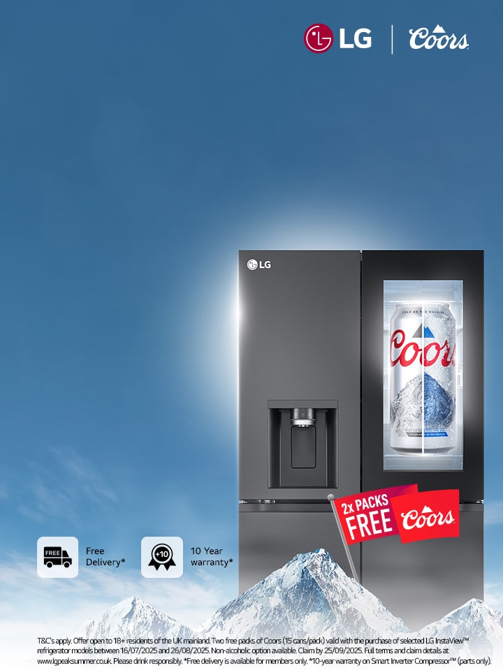 LG Fridge Freezer with Coors Light can inside, mountains in front of the fridge