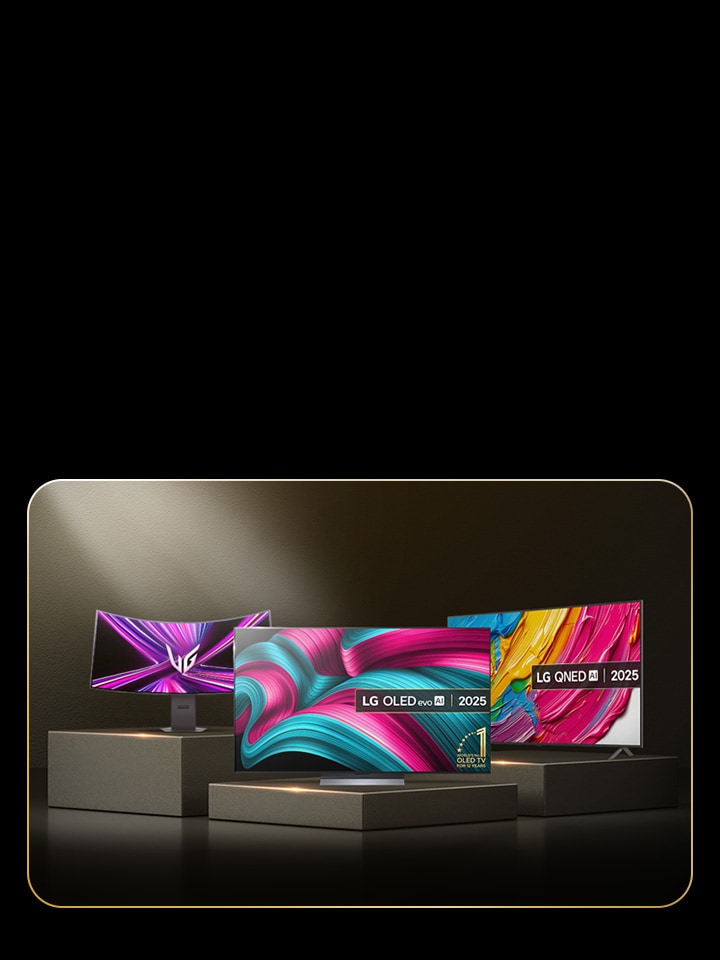 3 LG products on podiums, in a dark room