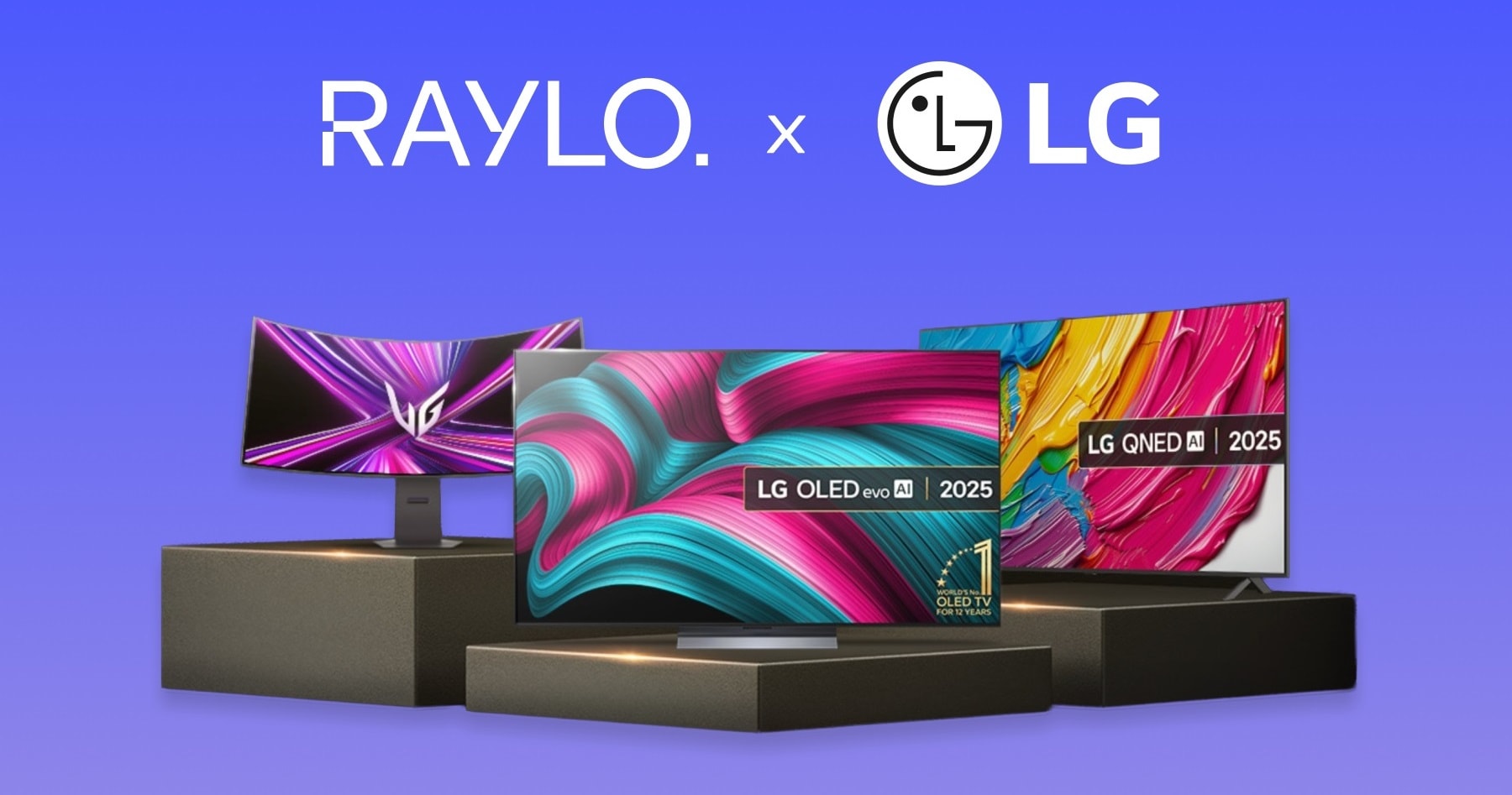 3 lg tvs on pedestals to represent examples of tvs that are part of an lg subscription service powered by raylo