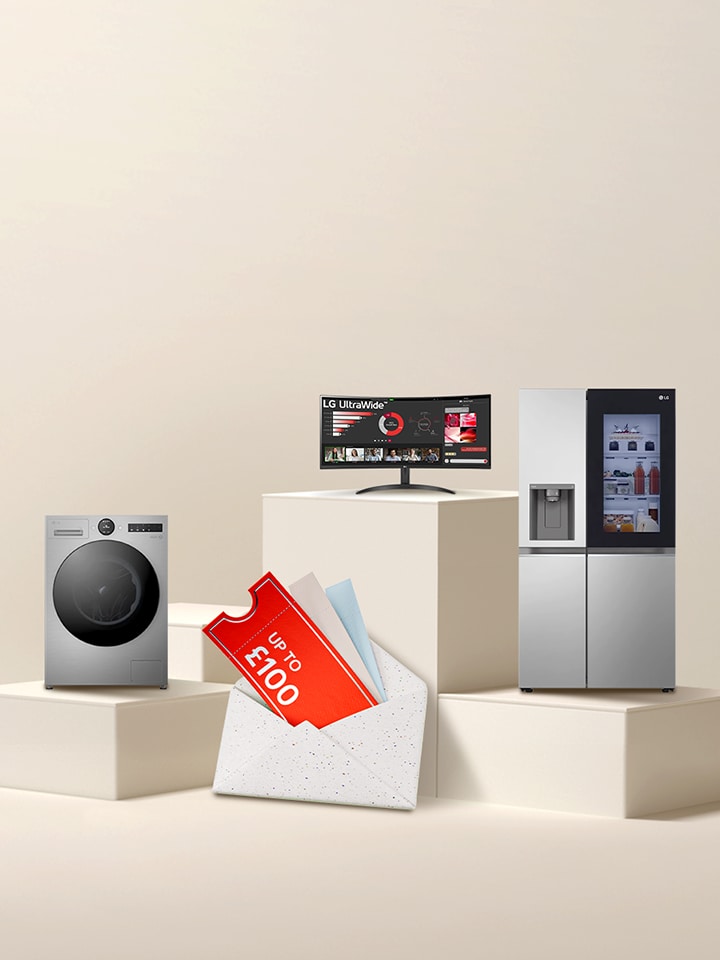 lg products stacked on cream pedestals: washing machine, red coupon voucher, monitor, fridge freezer on a cream background