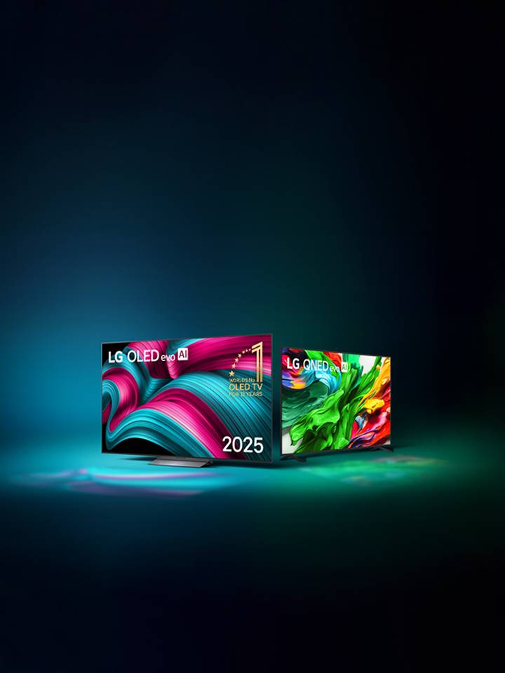 two lg tvs on a dark background backlit with moody lighting and copy above it to review lg products 