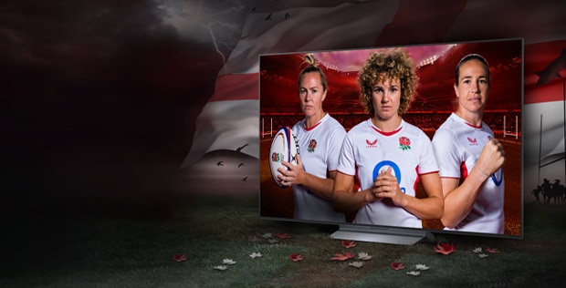 lg oled tv on a pedestal with 3 female rugby players as a screenfill with promo message to buy a tv and receive a free soundbar worth up to £999