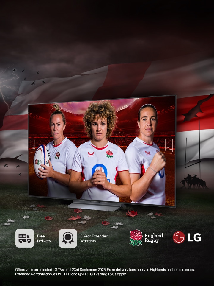 lg oled tv on a pedestal with 3 female rugby players as a screenfill with promo message to buy a tv and receive a free soundbar worth up to £999