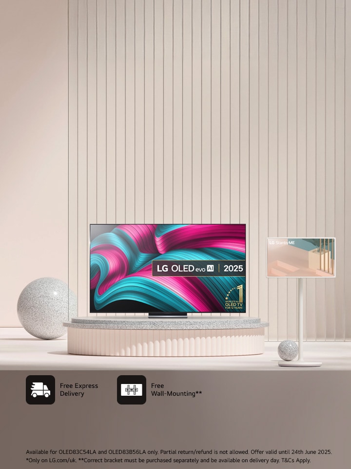 lg oled tv and lg stanbyME screen standing on a pedestal with a promo message advertising Free StanbyMe screen when you purchase an selected oled tv