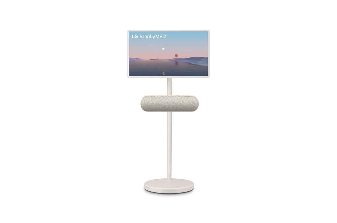 LG StanbyME 2 screens displayed in a modern living room. There is a StanbyME 2 on a stand, one is hung on the wall, and the other is propped up on a table using the folio cover.