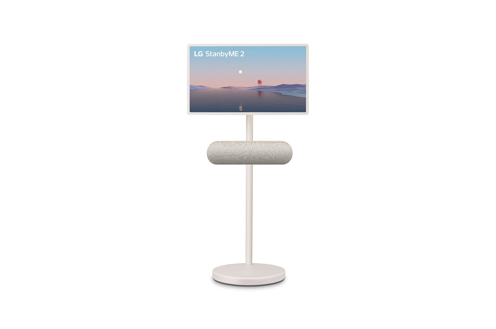 LG StanbyME 2 screens displayed in a modern living room. There is a StanbyME 2 on a stand, one is hung on the wall, and the other is propped up on a table using the folio cover.
