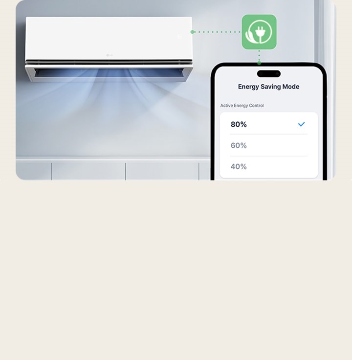 LG smart air conditioner with energy saving mode, shown with a smartphone app displaying fan speed control at 80 percent