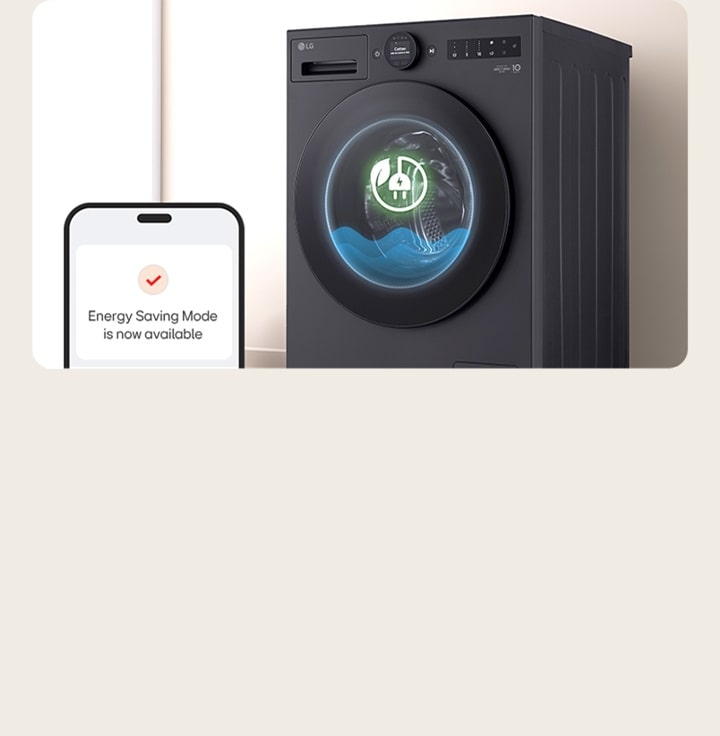 LG washer with energy saving mode icon next to phone screen showing mode status in bright room