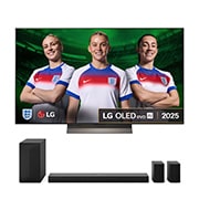 Front view of LG OLED evo AI C5 4K Smart TV. 12 Years of world number 1 OLED emblem and LG OLED evo AI 2025 logo are on the screen.