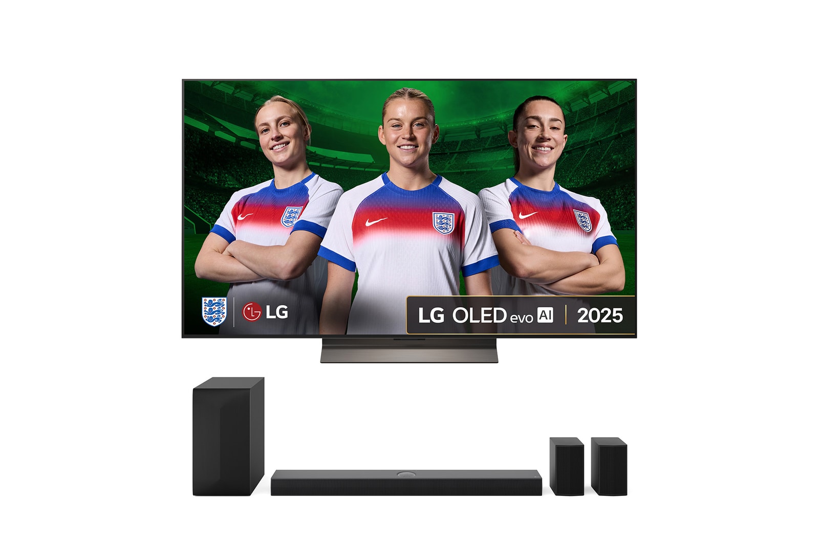Front view of LG OLED evo AI C5 4K Smart TV. 12 Years of world number 1 OLED emblem and LG OLED evo AI 2025 logo are on the screen.
