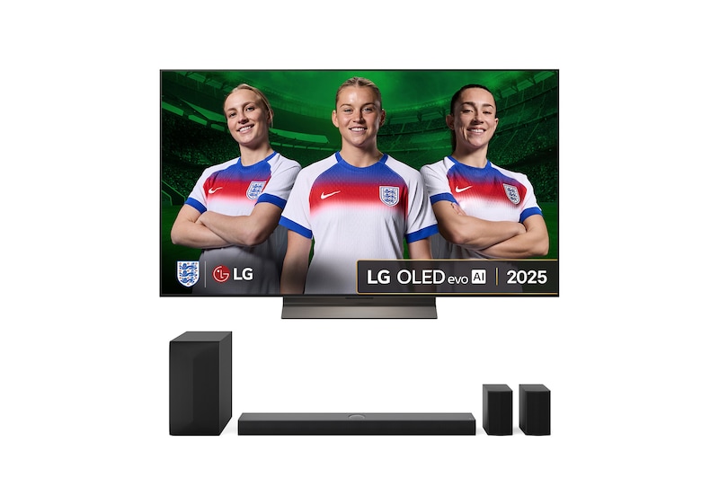 Front view of LG OLED evo AI C5 4K Smart TV. 12 Years of world number 1 OLED emblem and LG OLED evo AI 2025 logo are on the screen.
